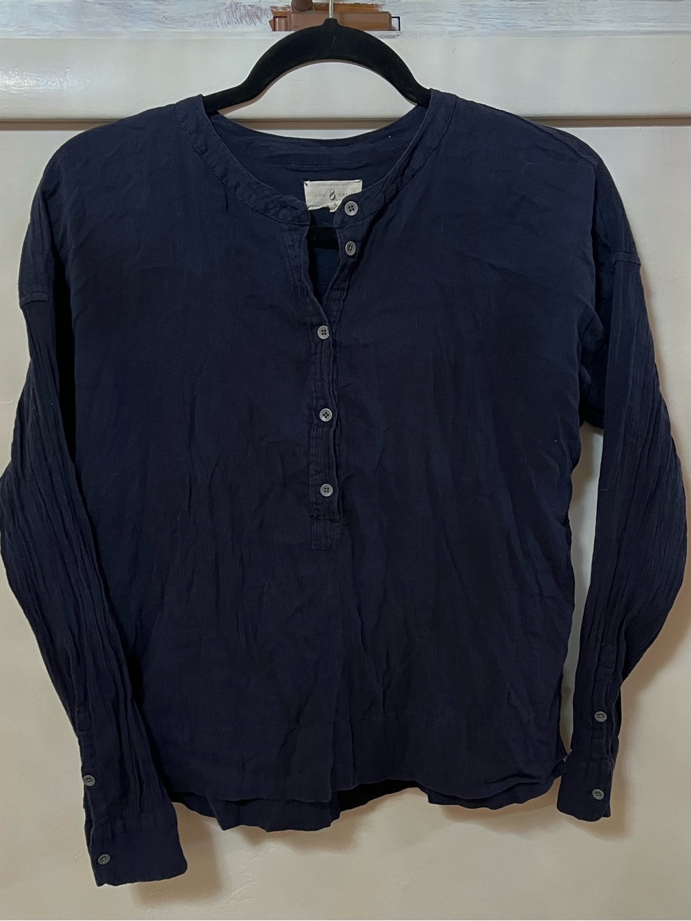 Lou & Grey Sheer Navy Blue Gauzy Crinkle Cotton Roll Tab Long Sleeve Size Small